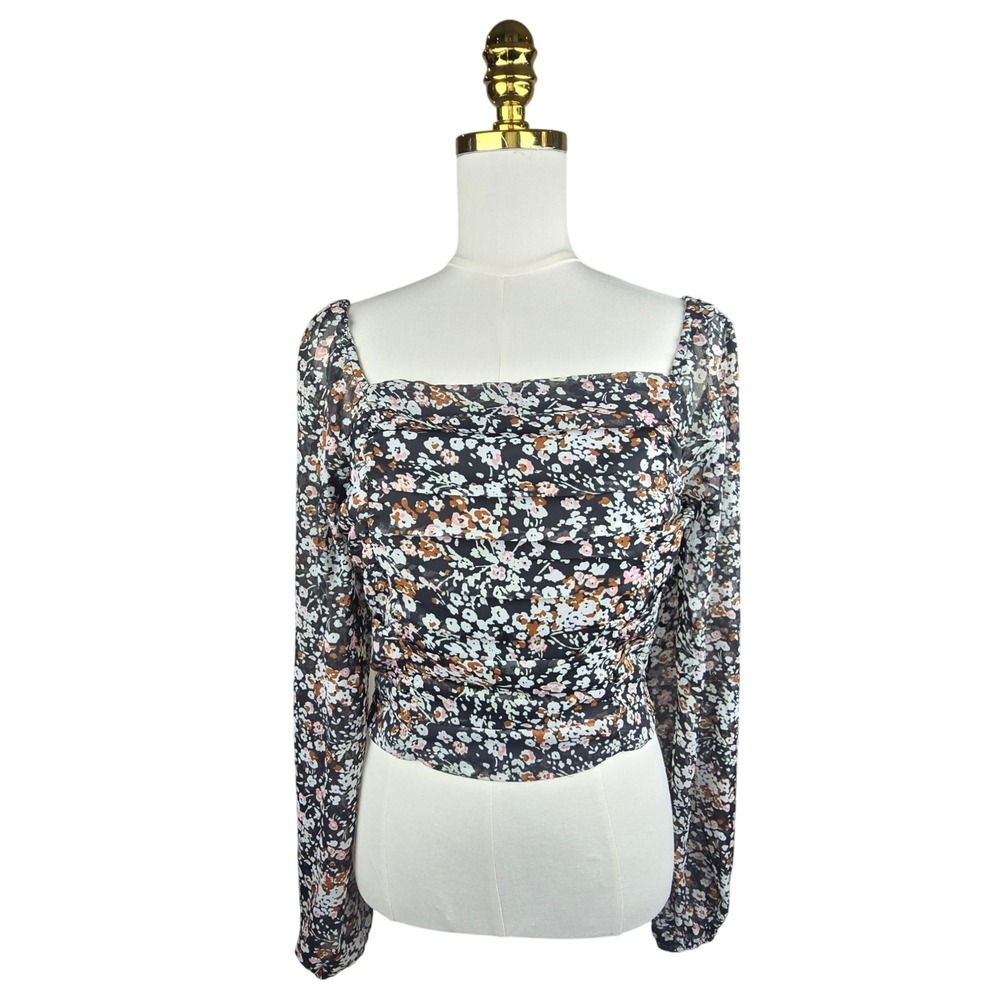 Lulus Floral Long Sleeve Top Womens Medium Black Ruched Smocked Crop Blouse Boho